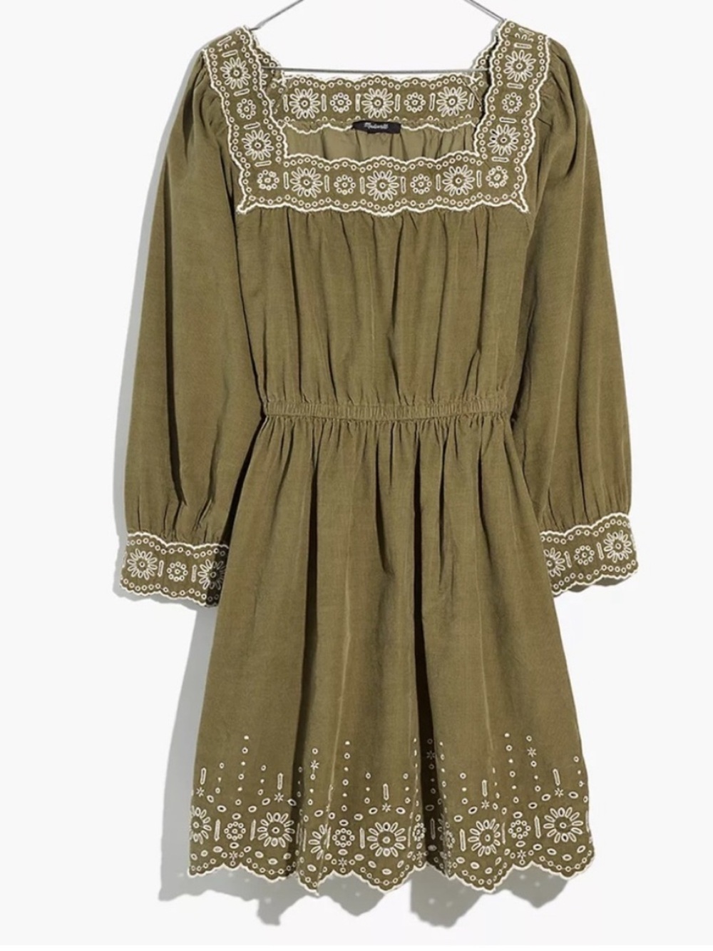 Madewell Olive Green Square-Neck Embroidered Long-Sleeve Dress